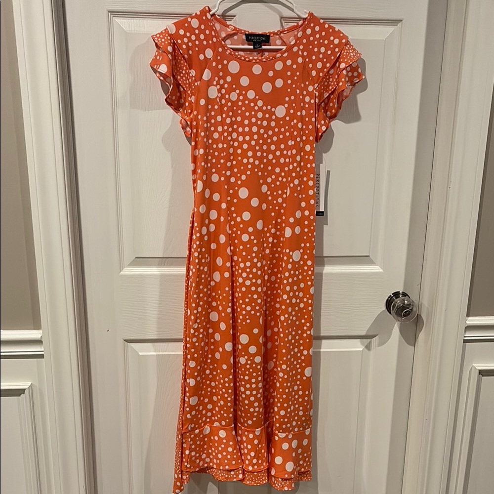 NWT Perceptions Coral and White Polka Dot Midi Dress - Picture 7 of 11